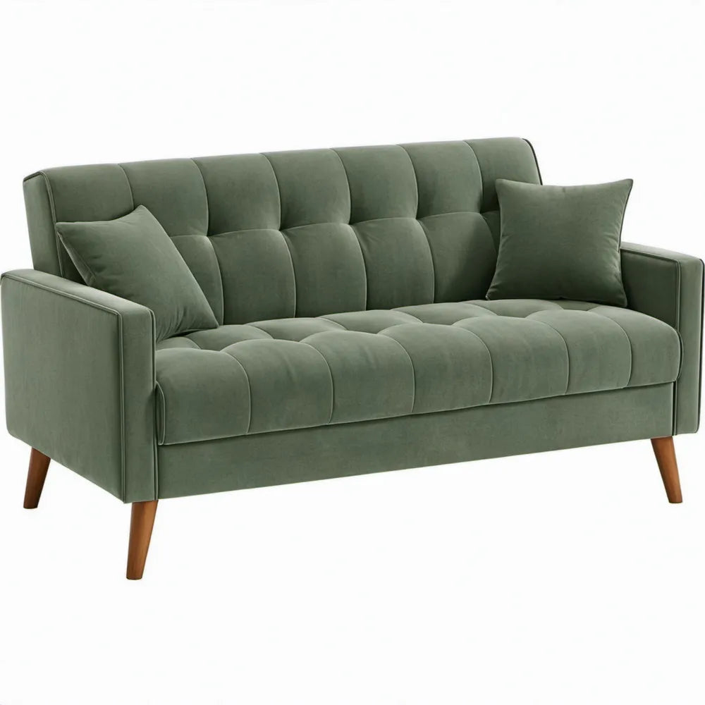 Groene 2-zitsbank van polyesterfluweel met bruine houten poten, 160 x 82 x 86 cm