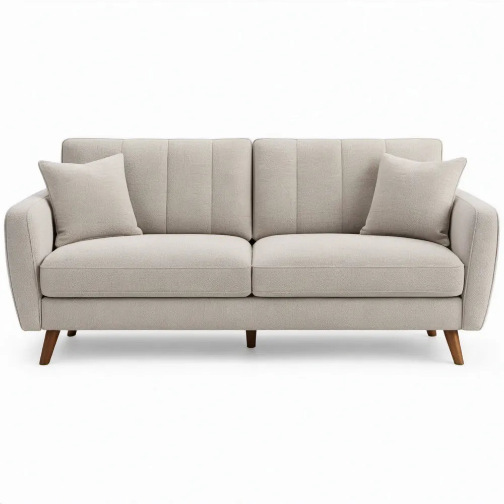 Beige 3-zitsbank met donkerbruine houten poten, 198 x 86 x 86 cm