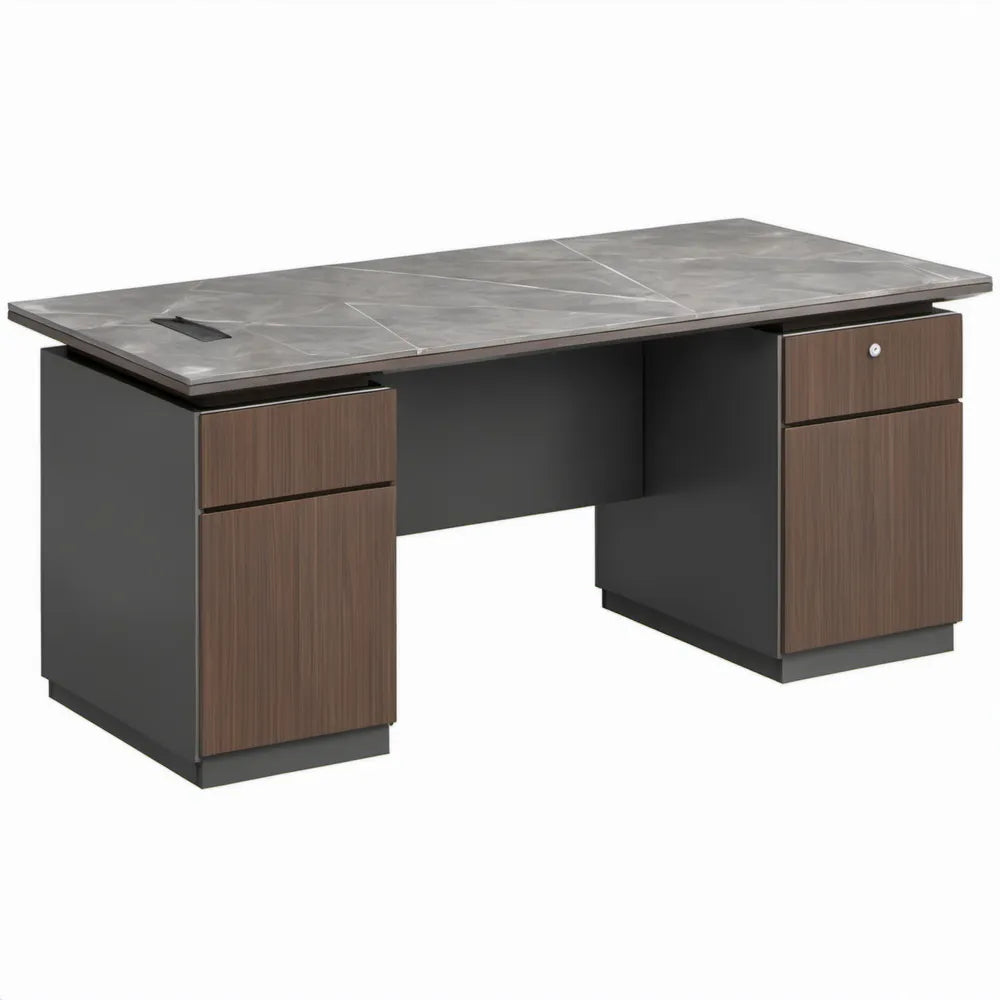 Bureau met 2 opbergkasten en kabeldoorvoer, 180 x 90 x 75 cm, grijs, donkergrijs en walnootkleurig