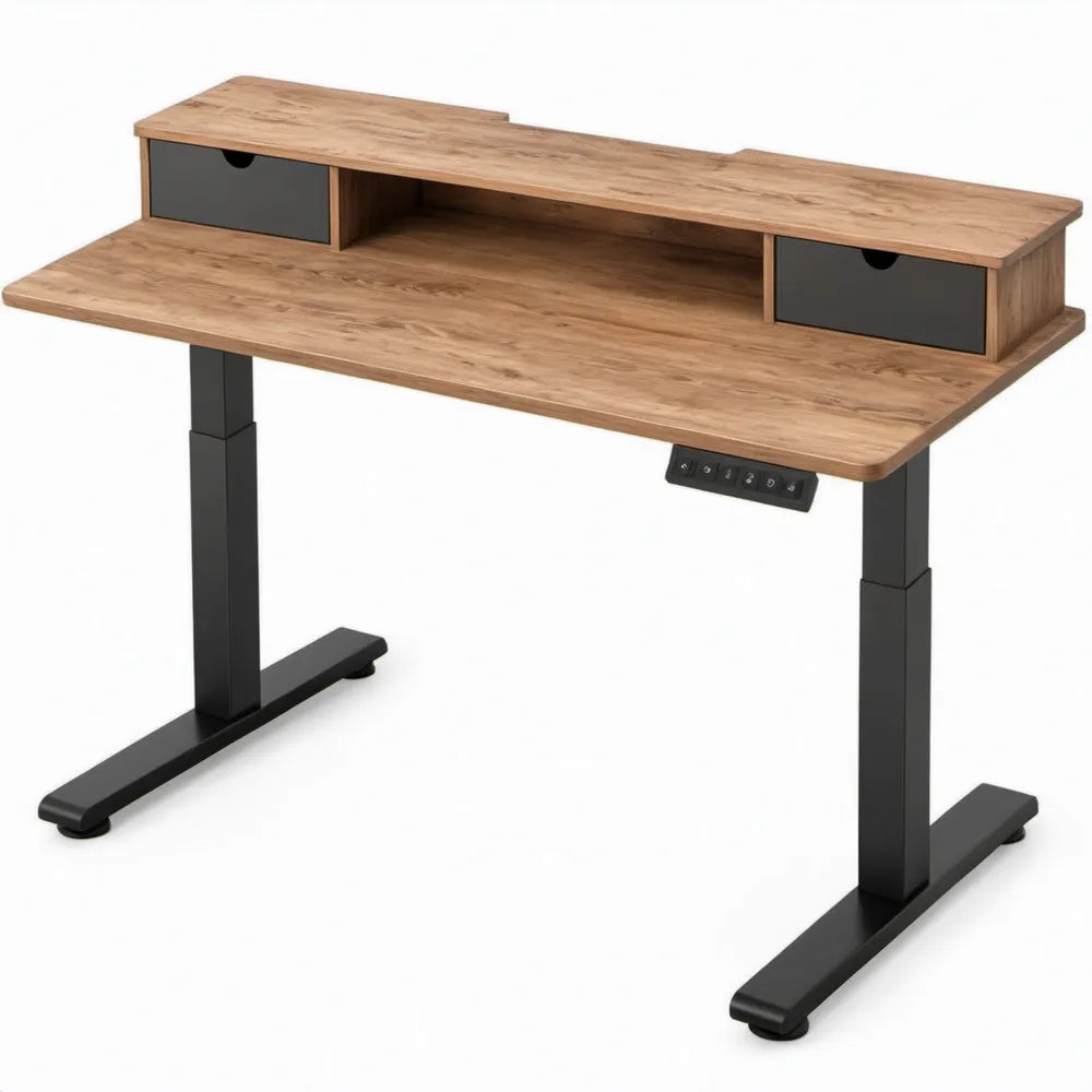 Elektrisch verstelbaar bureau 120 x 60 cm met 2 lades en opzetrek, bruin/zwart