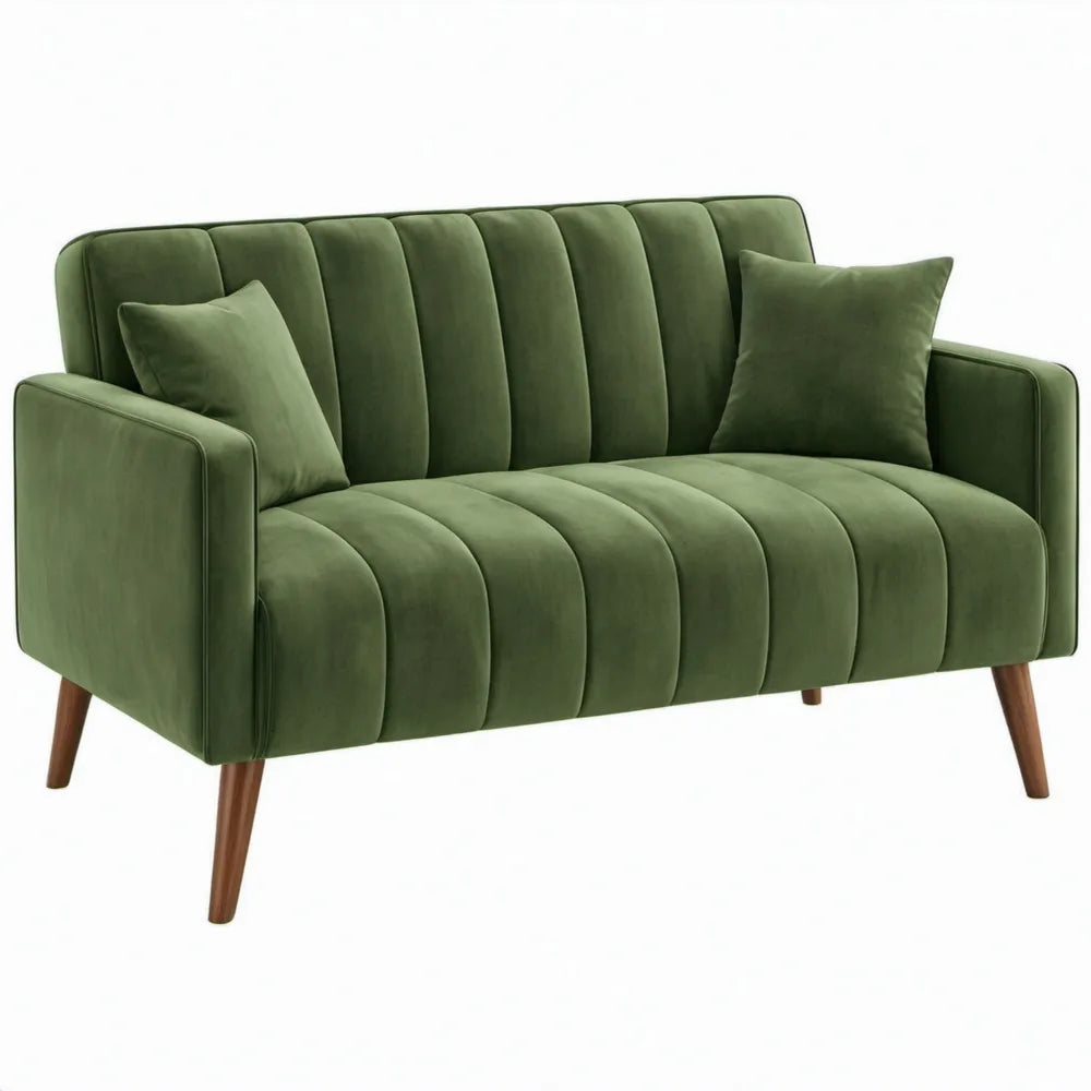 Olijfgroene 2-zitsbank van polyesterfluweel met bruine houten poten, 145 x 83 x 83 cm