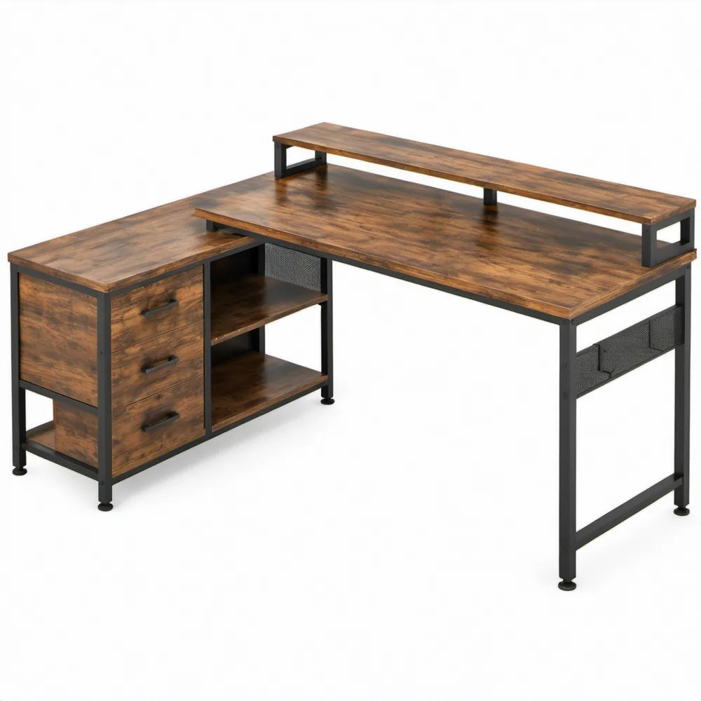L-vormig hoekbureau met 3 laden, open planken en verhoogde monitorplank, 140 x 120 x 90 cm, bruin/zwart