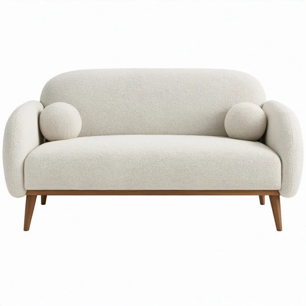 2-zitsbank in crèmekleurige bouclé met houten poten, 160 x 85 x 80 cm