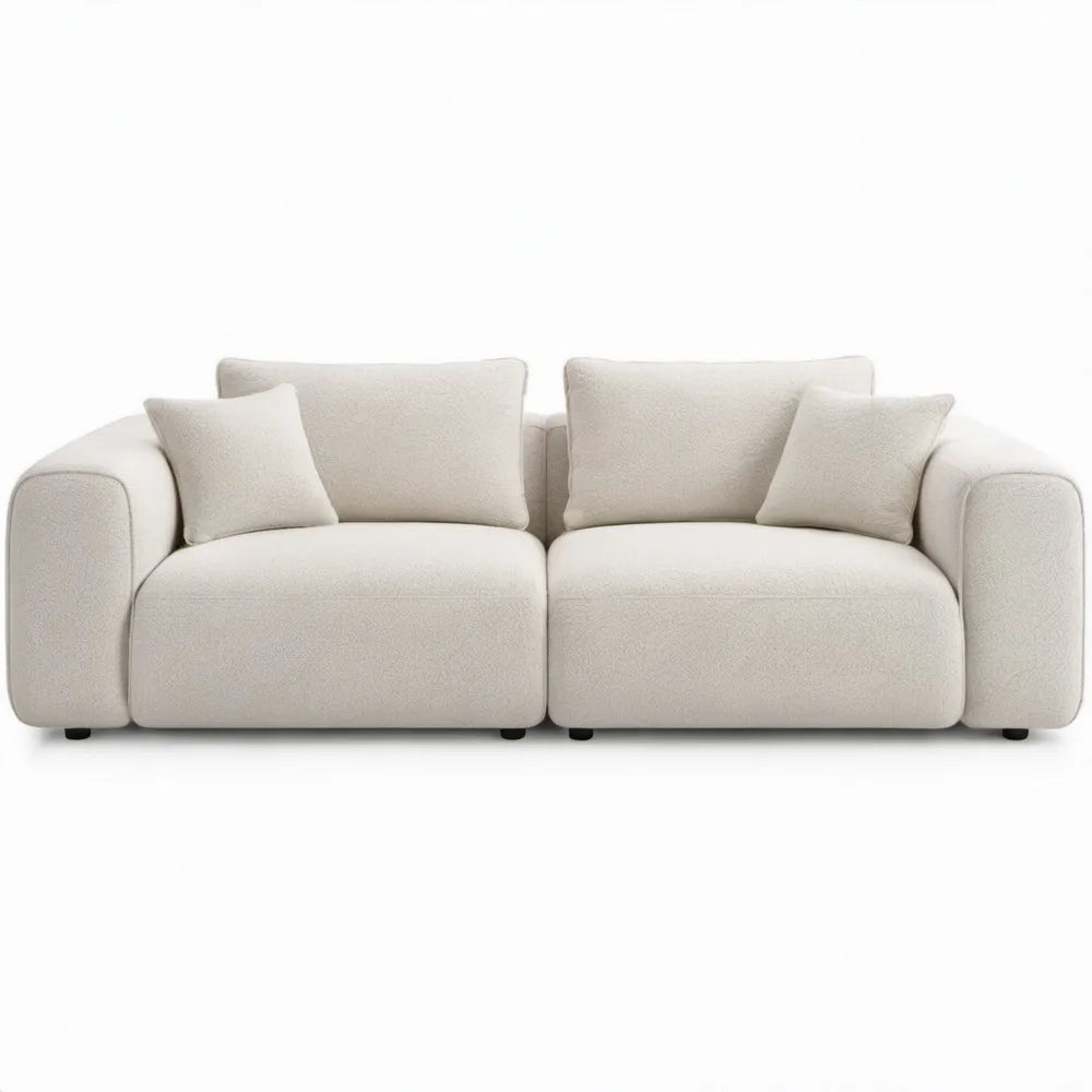 2-zitsbank van crèmekleurige bouclé polyester met afgeronde armleuningen, 200 x 95 x 78 cm