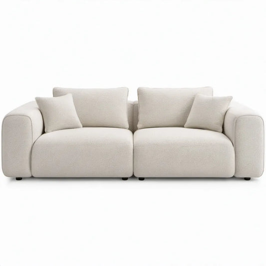2-zitsbank van crèmekleurige bouclé polyester met afgeronde armleuningen, 200 x 95 x 78 cm