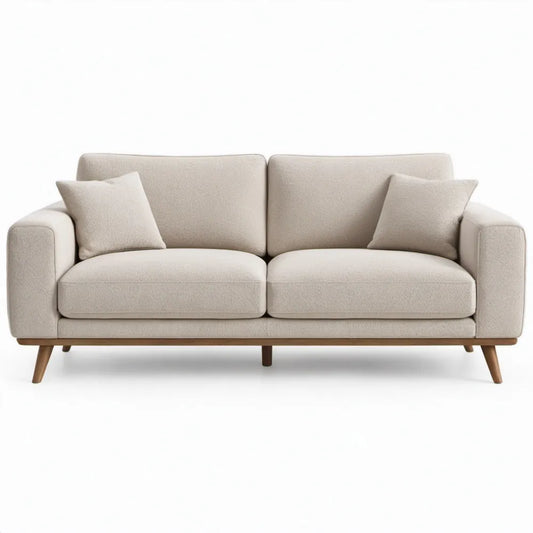 Beige 2-zitsbank met houten poten, 180 x 85 x 82 cm