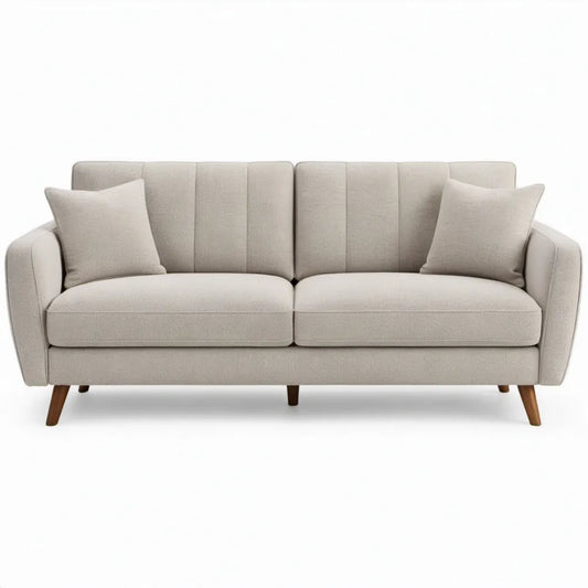Beige 3-zitsbank met donkerbruine houten poten, 198 x 86 x 86 cm