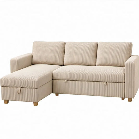 Beige ribfluwelen hoekslaapbank met linker chaise longue, opbergruimte en uitschuifbed 230 x 145 x 85 cm