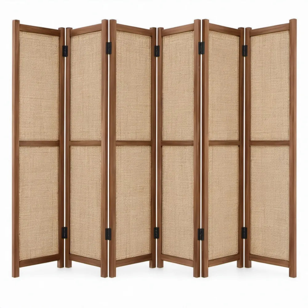 6-delig inklapbaar kamerscherm 240 x 180 cm – Bruin massief houten frame met beige geweven papiervezelpanelen