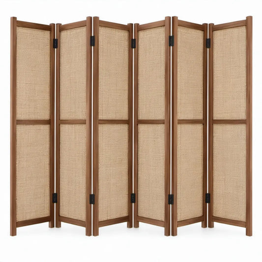 6-delig inklapbaar kamerscherm 240 x 180 cm – Bruin massief houten frame met beige geweven papiervezelpanelen