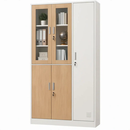 Afsluitbare stalen opbergkast met glazen deuren en garderobedeel, 90 x 40 x 180 cm, wit/licht eiken