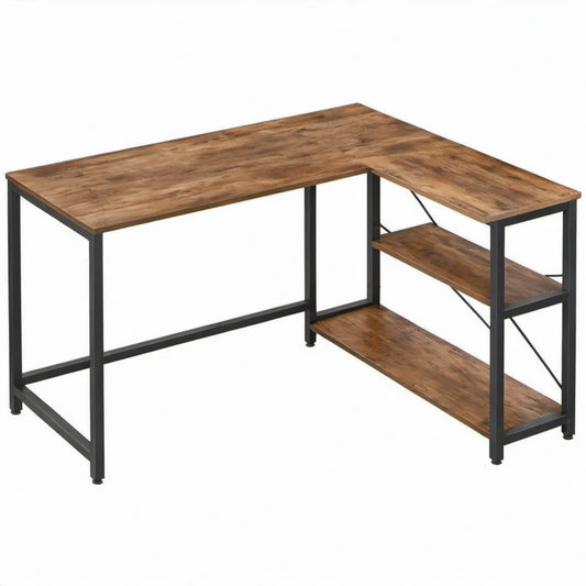 L-vormig hoekbureau met 2 planken, 150 x 120 x 75 cm, bruin/zwart
