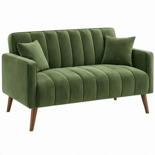 Olijfgroene 2-zitsbank van polyesterfluweel met bruine houten poten, 145 x 83 x 83 cm