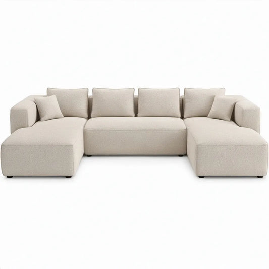 U-vormige hoekbank voor 5 personen, 300 x 160 x 80 cm, crèmekleurige bouclé