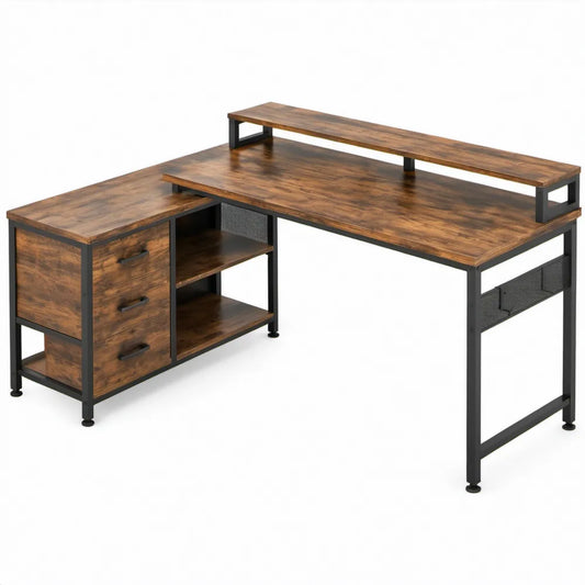 L-vormig hoekbureau met 3 laden, open planken en verhoogde monitorplank, 140 x 120 x 90 cm, bruin/zwart